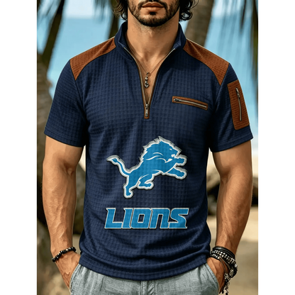 NFL x DET Men's Quarter Zip Waffle Knit Polo Shirt