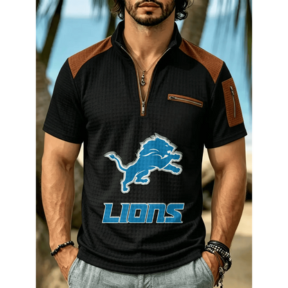 NFL x DET Men's Quarter Zip Waffle Knit Polo Shirt