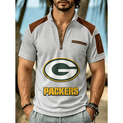 NFL x GB Men's Quarter Zip Waffle Knit Polo Shirt