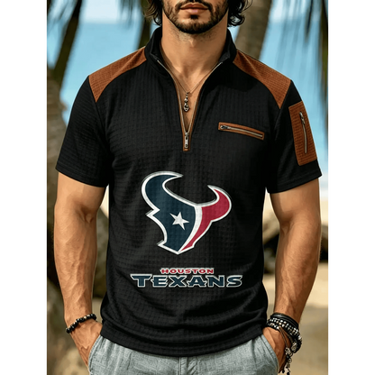 NFL x HOU Men's Quarter Zip Waffle Knit Polo Shirt