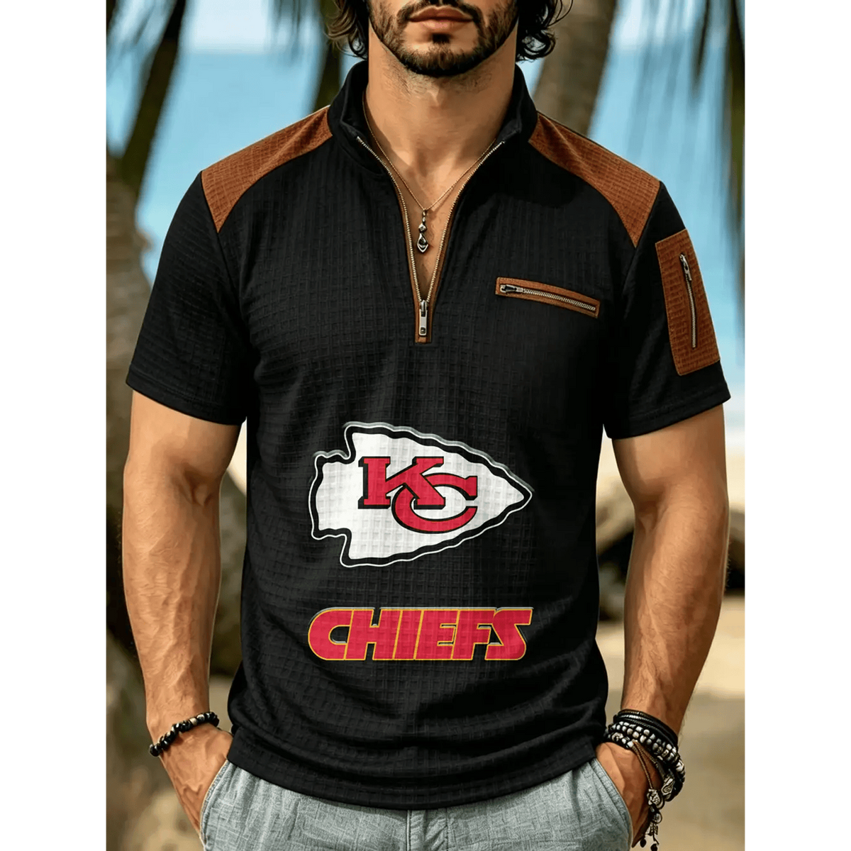 NFL x KCC Men's Quarter Zip Waffle Knit Polo Shirt