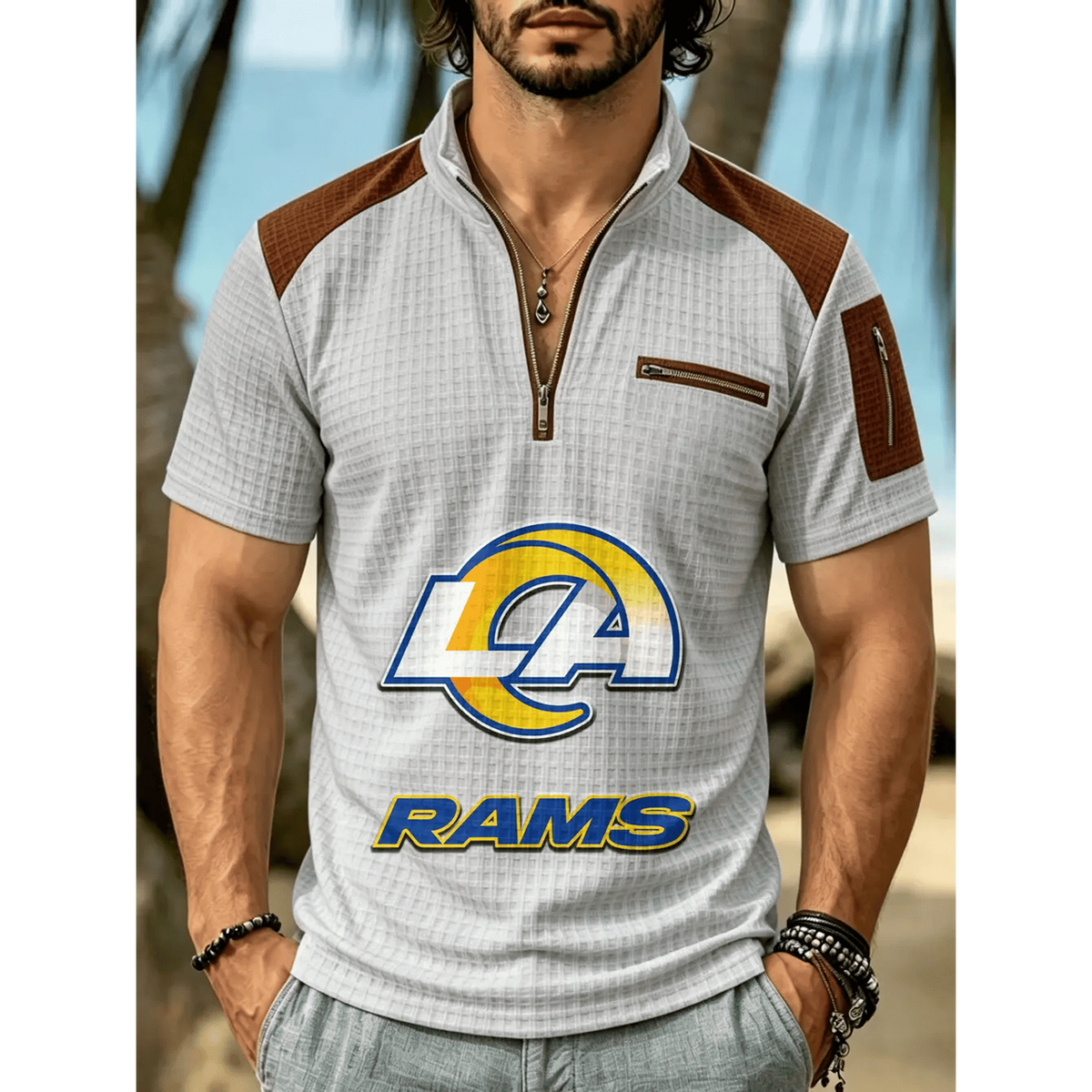 NFL x LAR Men's Quarter Zip Waffle Knit Polo Shirt