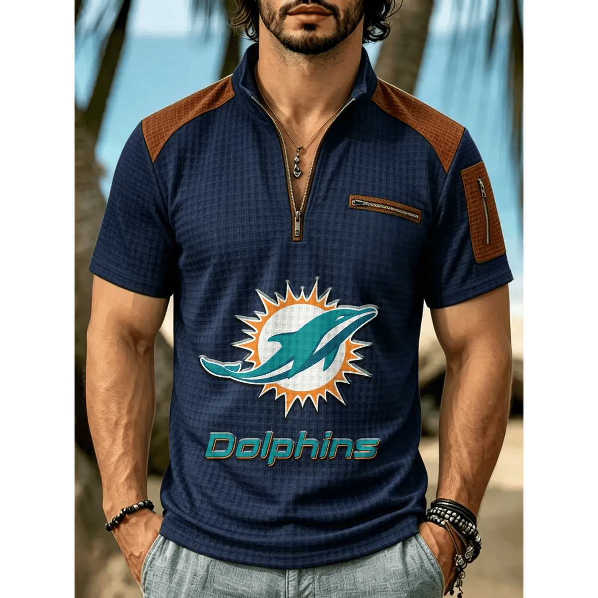 NFL x MIA Men's Quarter Zip Waffle Knit Polo Shirt
