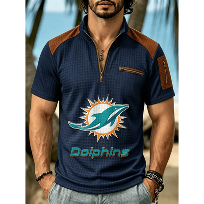 NFL x MIA Men's Quarter Zip Waffle Knit Polo Shirt