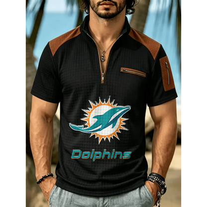 NFL x MIA Men's Quarter Zip Waffle Knit Polo Shirt