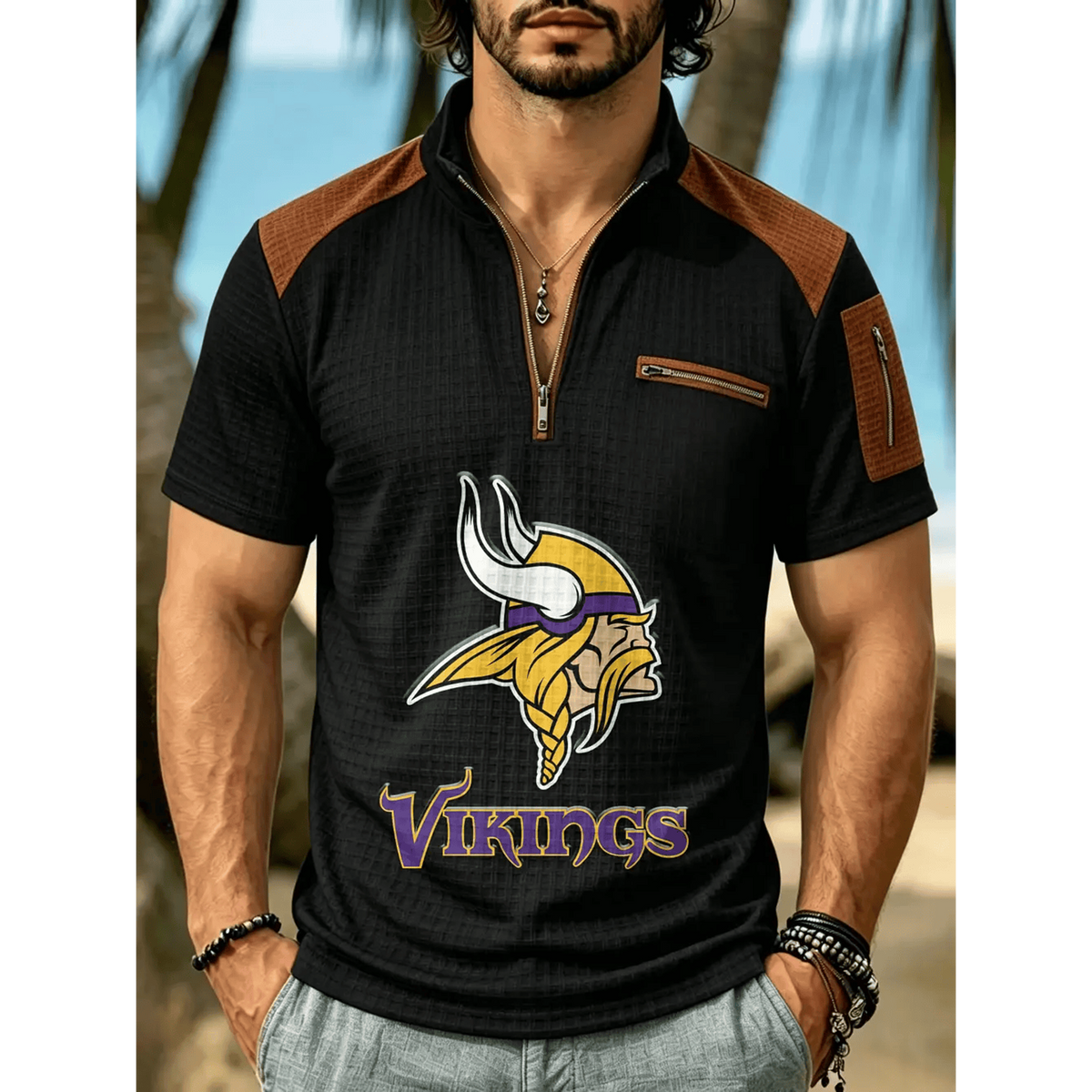 NFL x MIN Men's Quarter Zip Waffle Knit Polo Shirt