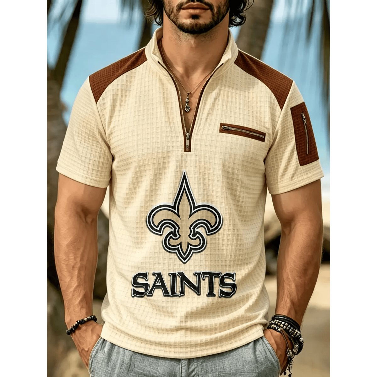 NFL x NO Men's Quarter Zip Waffle Knit Polo Shirt