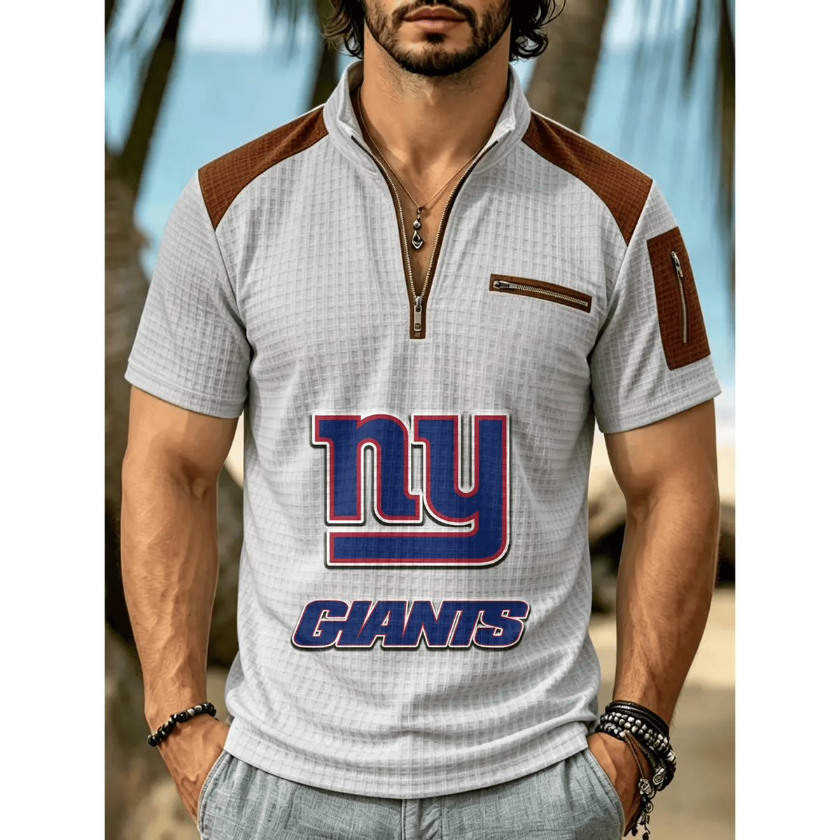 NFL x NYG Men's Quarter Zip Waffle Knit Polo Shirt