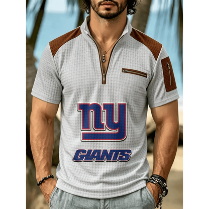 NFL x NYG Men's Quarter Zip Waffle Knit Polo Shirt