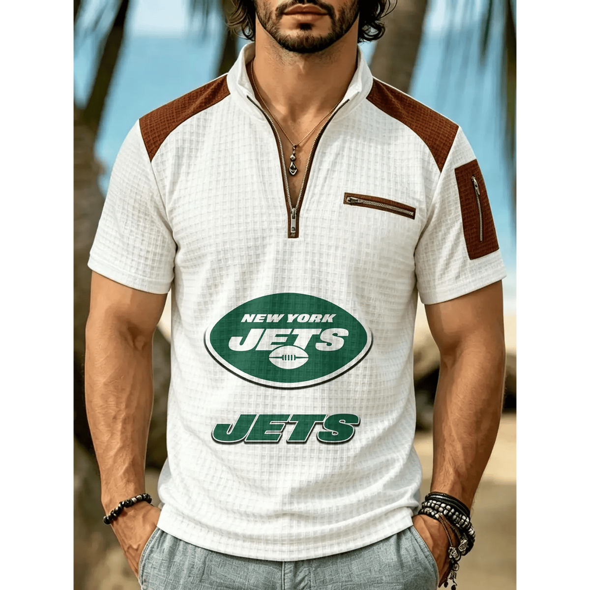 NFL x NYJ Men's Quarter Zip Waffle Knit Polo Shirt