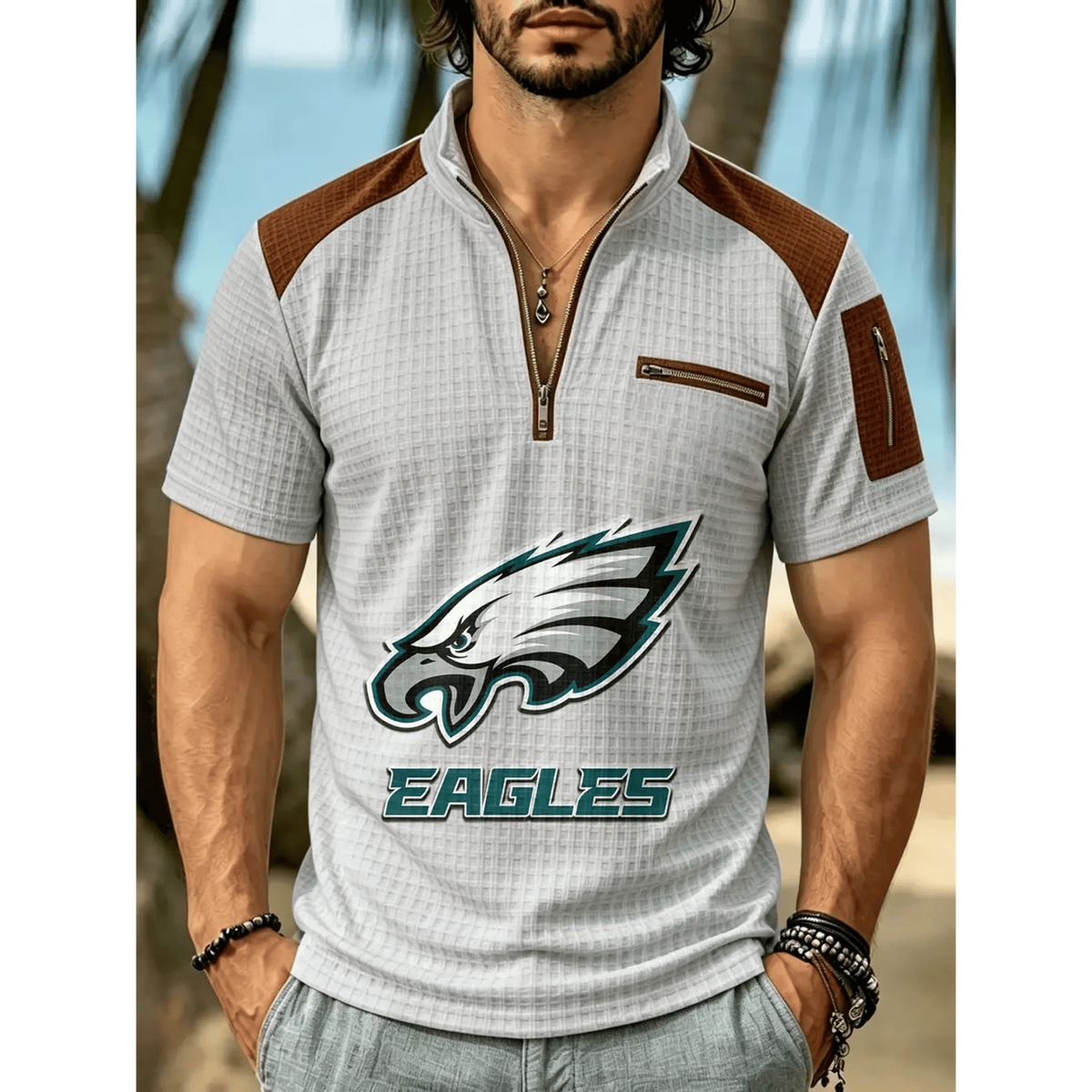 NFL x PHI Men's Quarter Zip Waffle Knit Polo Shirt