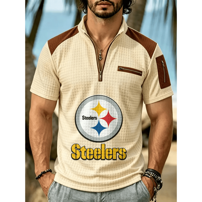 NFL x PIT Men's Quarter Zip Waffle Knit Polo Shirt