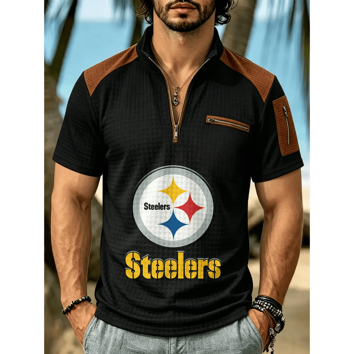 NFL x PIT Men's Quarter Zip Waffle Knit Polo Shirt