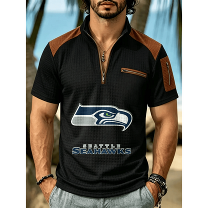 NFL x SEA Men's Quarter Zip Waffle Knit Polo Shirt