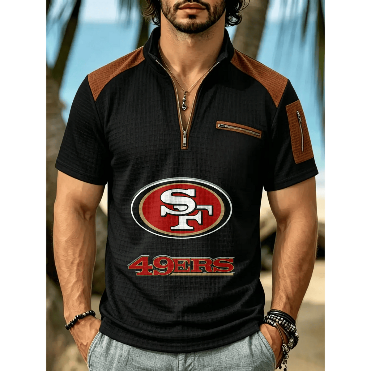 NFL x SF Men's Quarter Zip Waffle Knit Polo Shirt