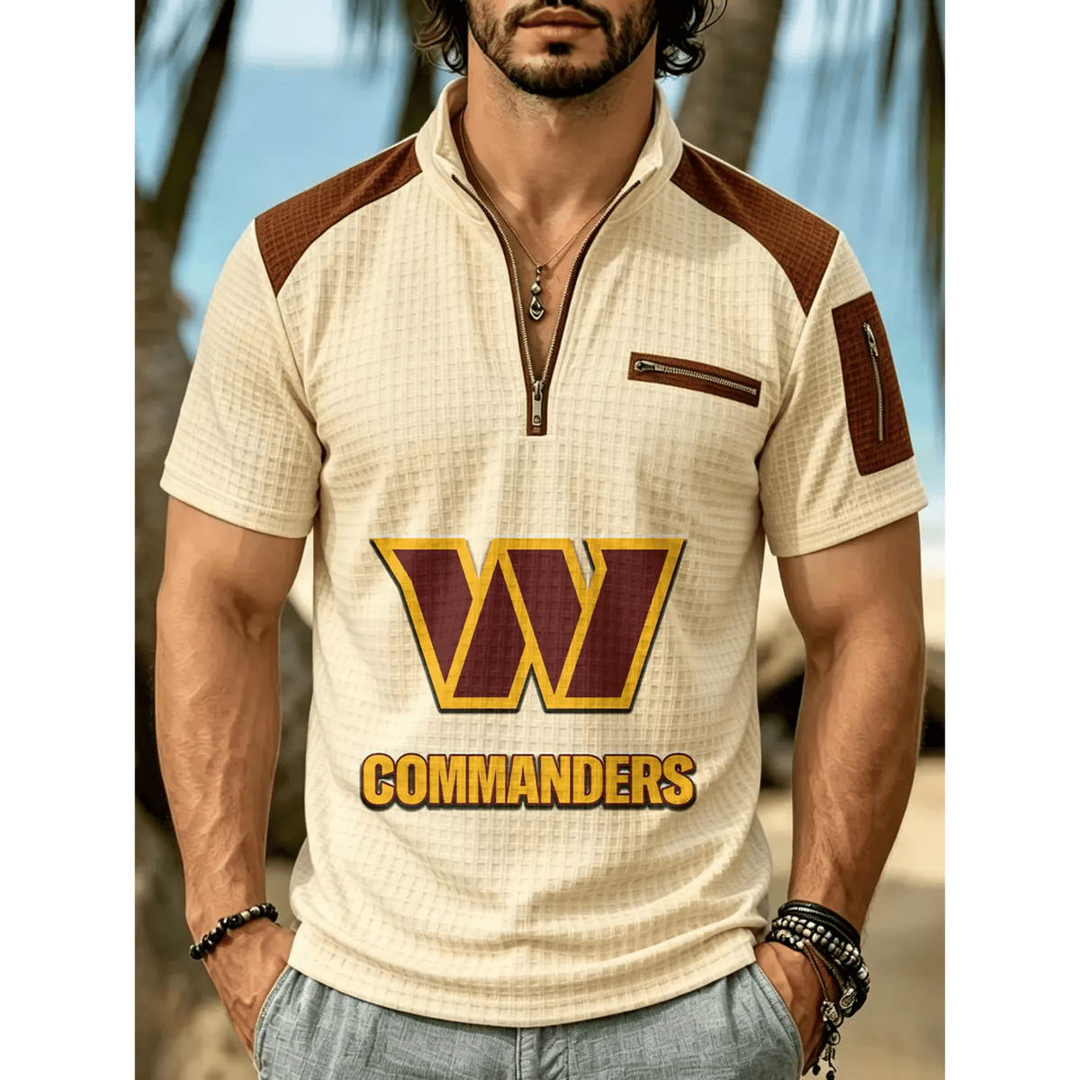 NFL x WAS Men's Quarter Zip Waffle Knit Polo Shirt