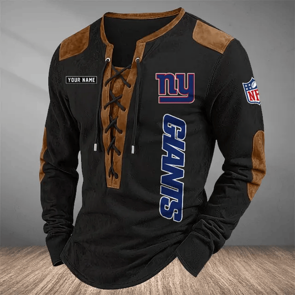 NYG x NFL Custom Name Vintage Henley Long Sleeve Shirt
