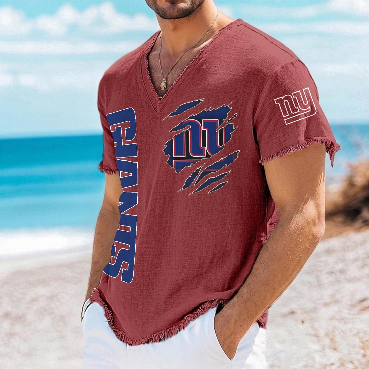 NYG x NFL V-Neck Linen Beach Shirt 1905 DatND DVT