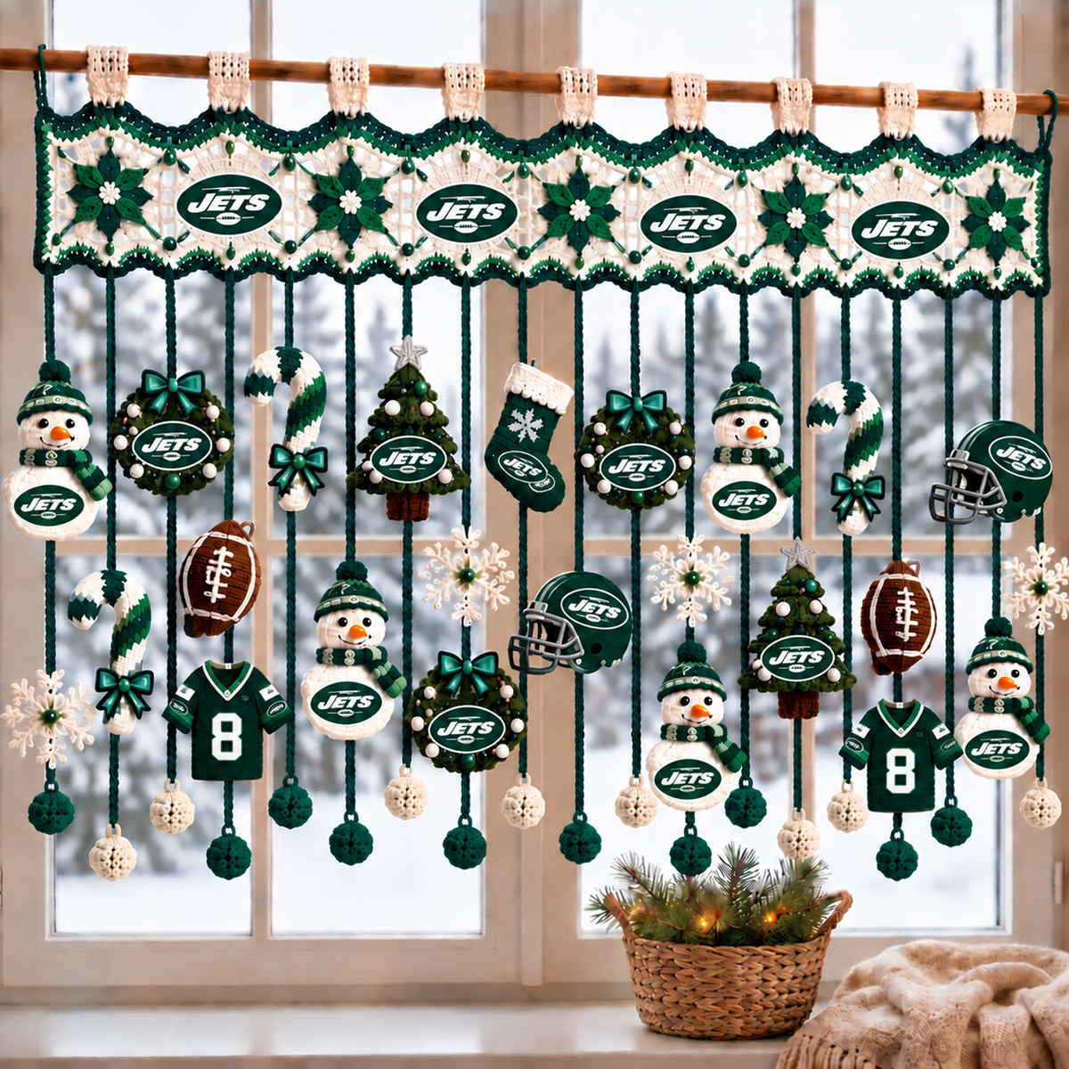 NYJ x NFL Christmas Crochet Window Valance – Football Snowman Wreath Holiday Decor
