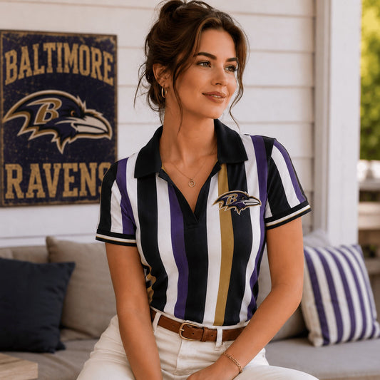 Premium NFL BR Team Color Striped V-Neck Polo Tee V1