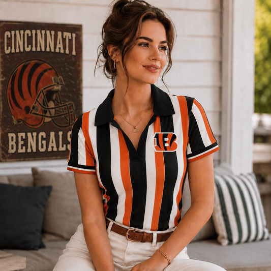 Premium NFL CIN Team Color Striped V-Neck Polo Tee V1