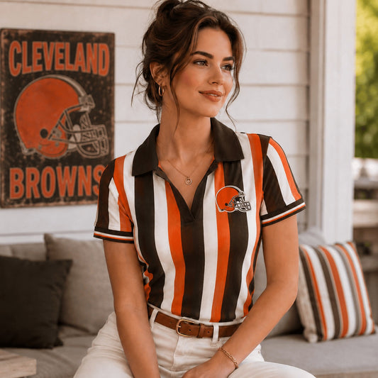 Premium NFL CLE Team Color Striped V-Neck Polo Tee V1