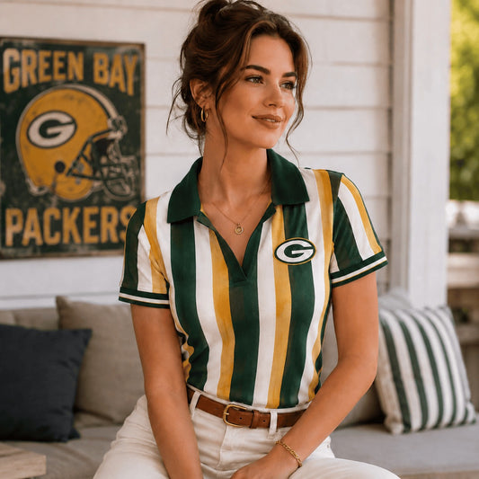 Premium NFL GBP Team Color Striped V-Neck Polo Tee V1