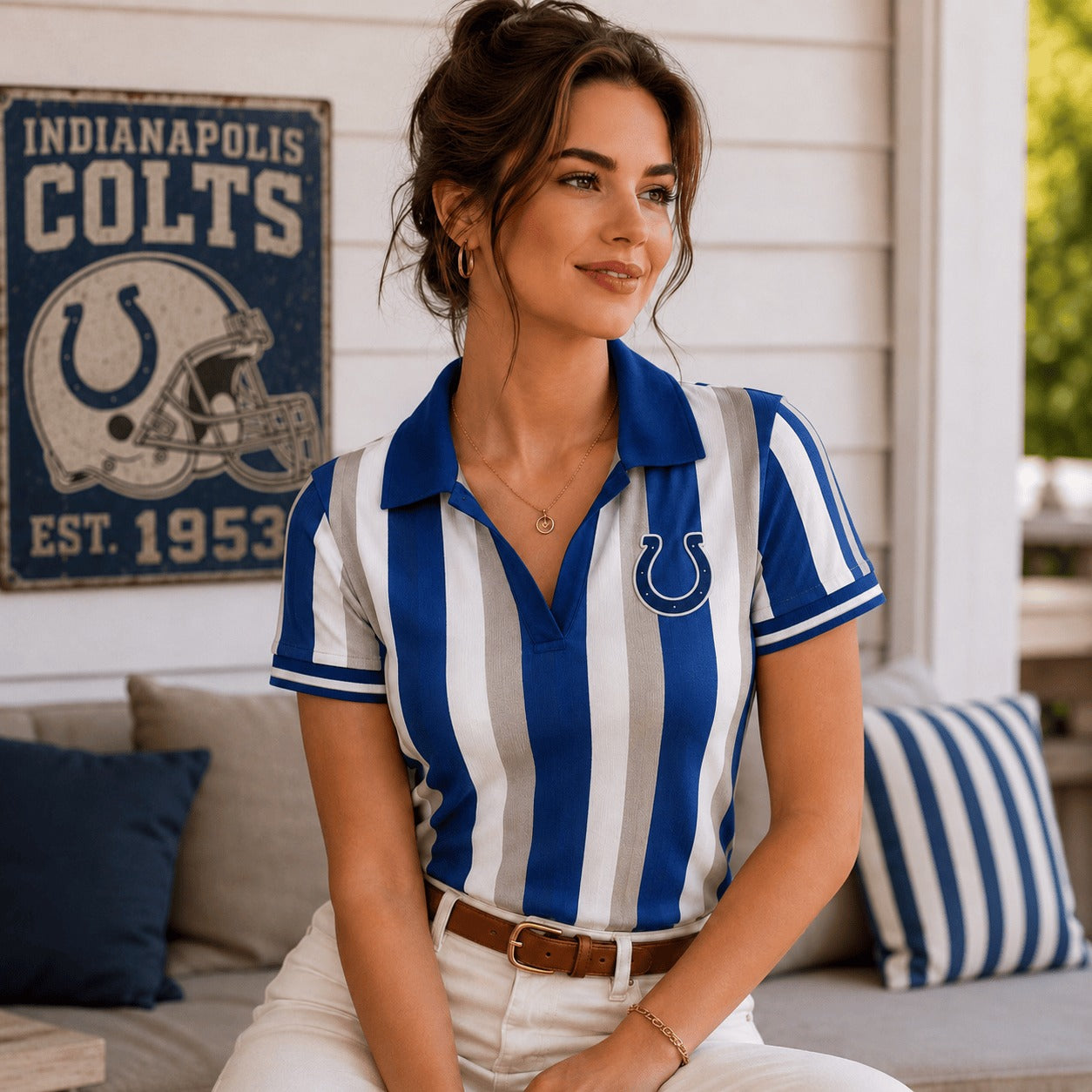 Premium NFL IC Team Color Striped V-Neck Polo Tee V1