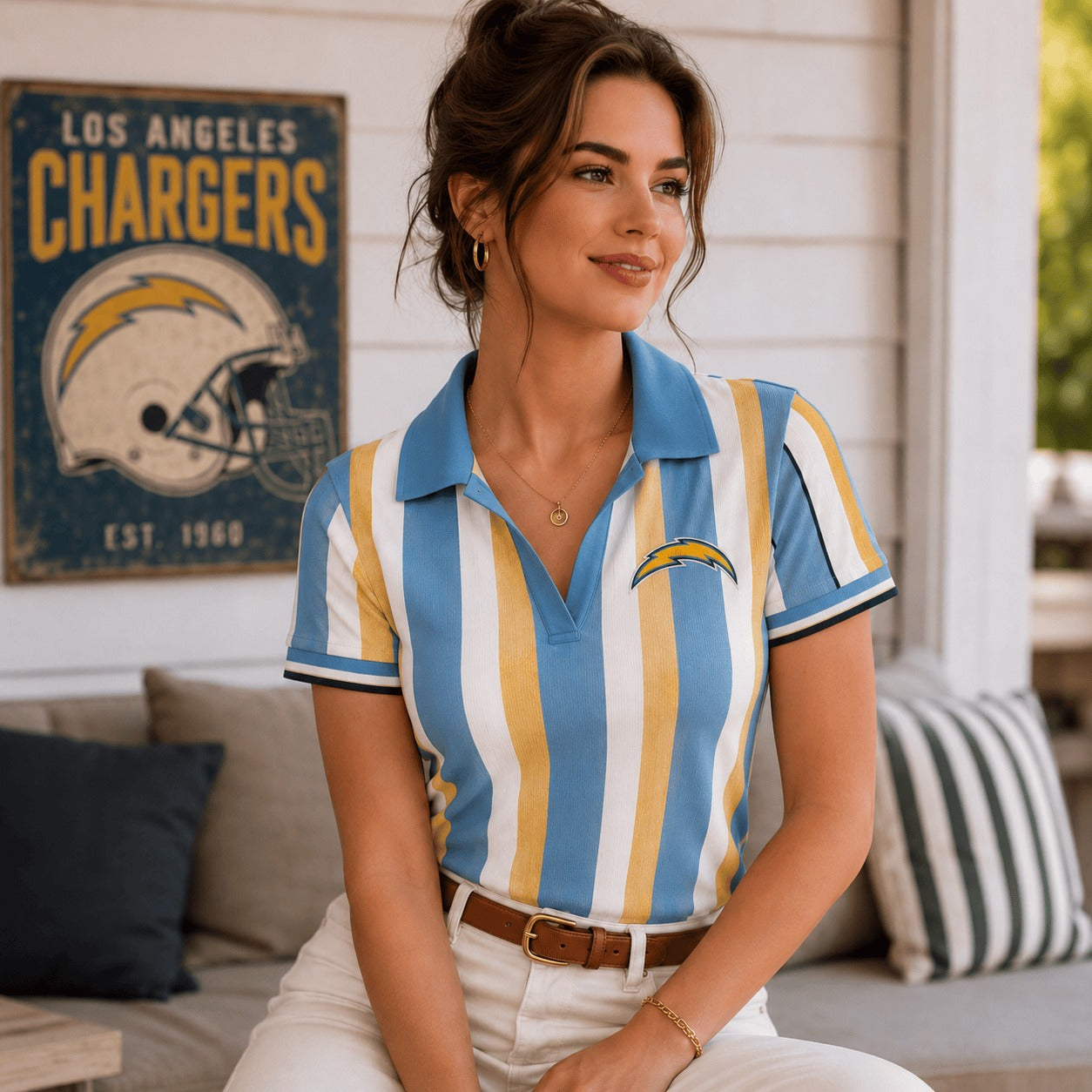 Premium NFL LAC Team Color Striped V-Neck Polo Tee V1