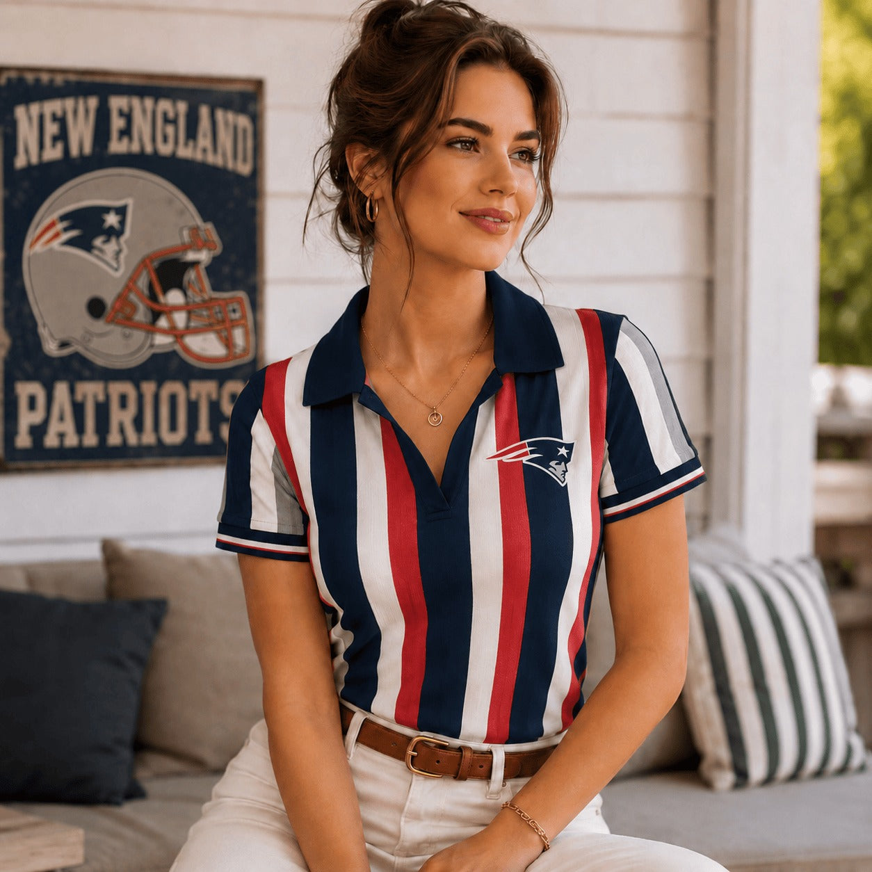 Premium NFL NEP Team Color Striped V-Neck Polo Tee V1