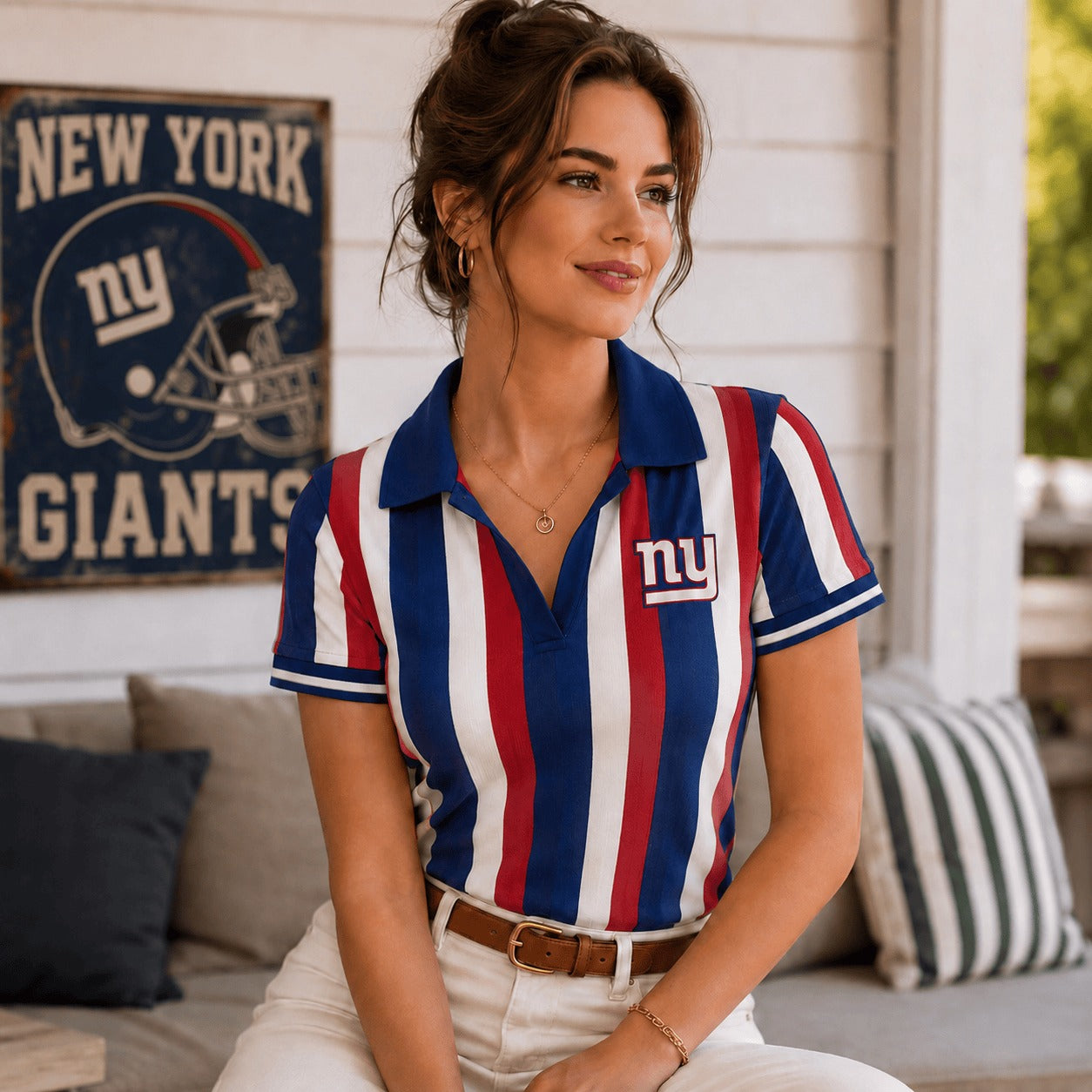 Premium NFL NYG Team Color Striped V-Neck Polo Tee V1