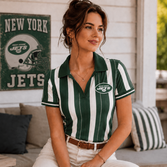 Premium NFL NYJ Team Color Striped V-Neck Polo Tee V1