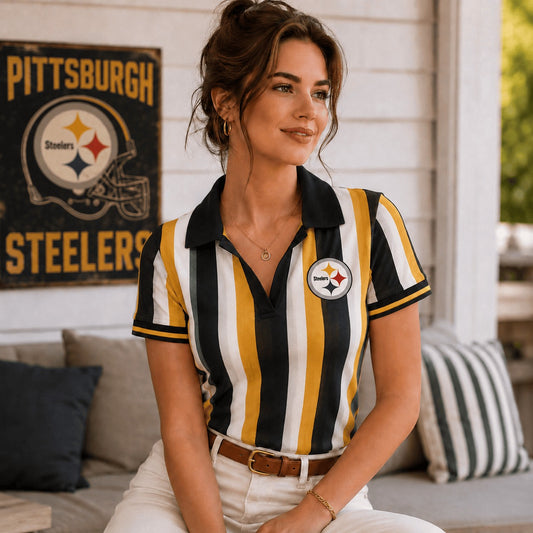 Premium NFL PS Team Color Striped V-Neck Polo Tee V1