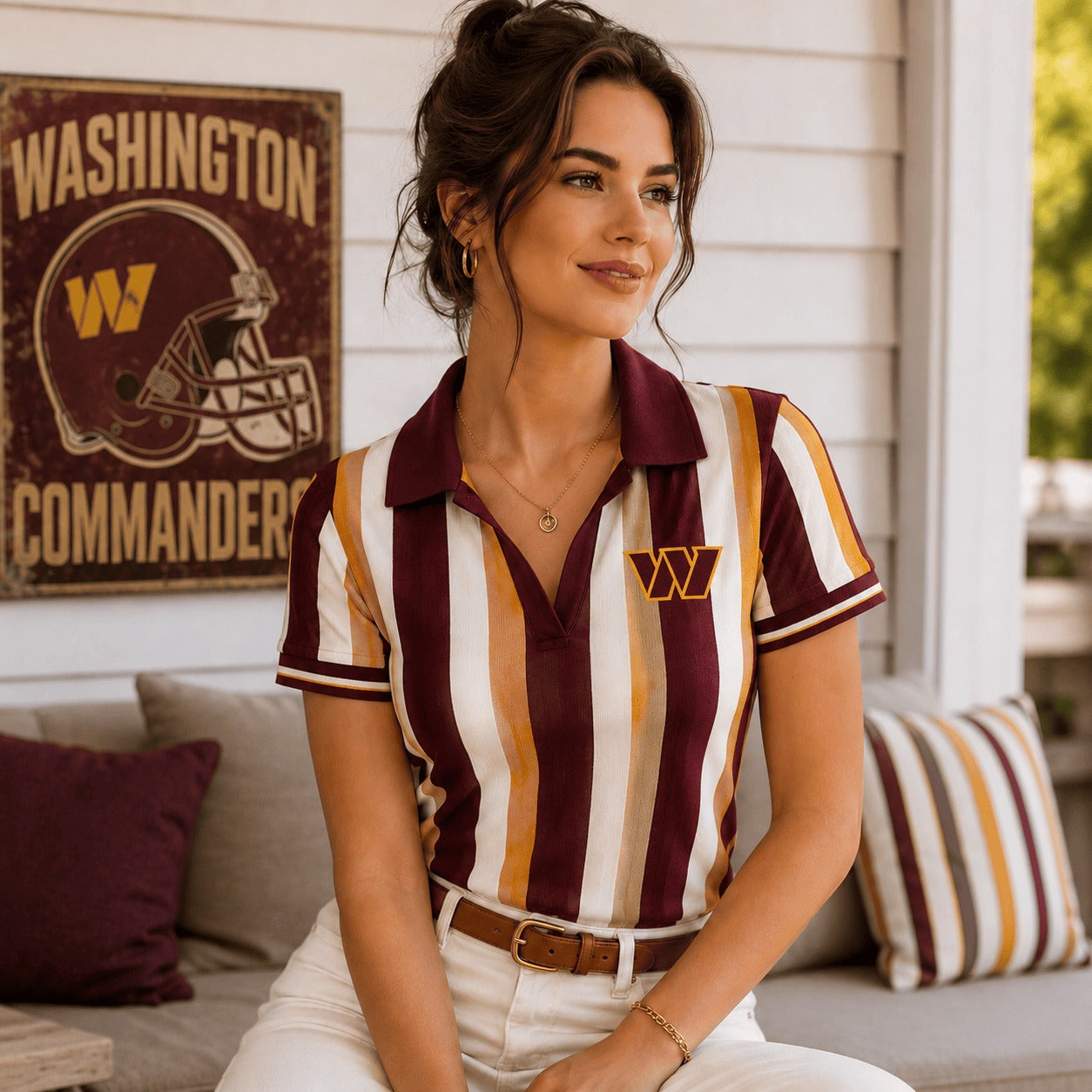 Premium NFL WC Team Color Striped V-Neck Polo Tee V1