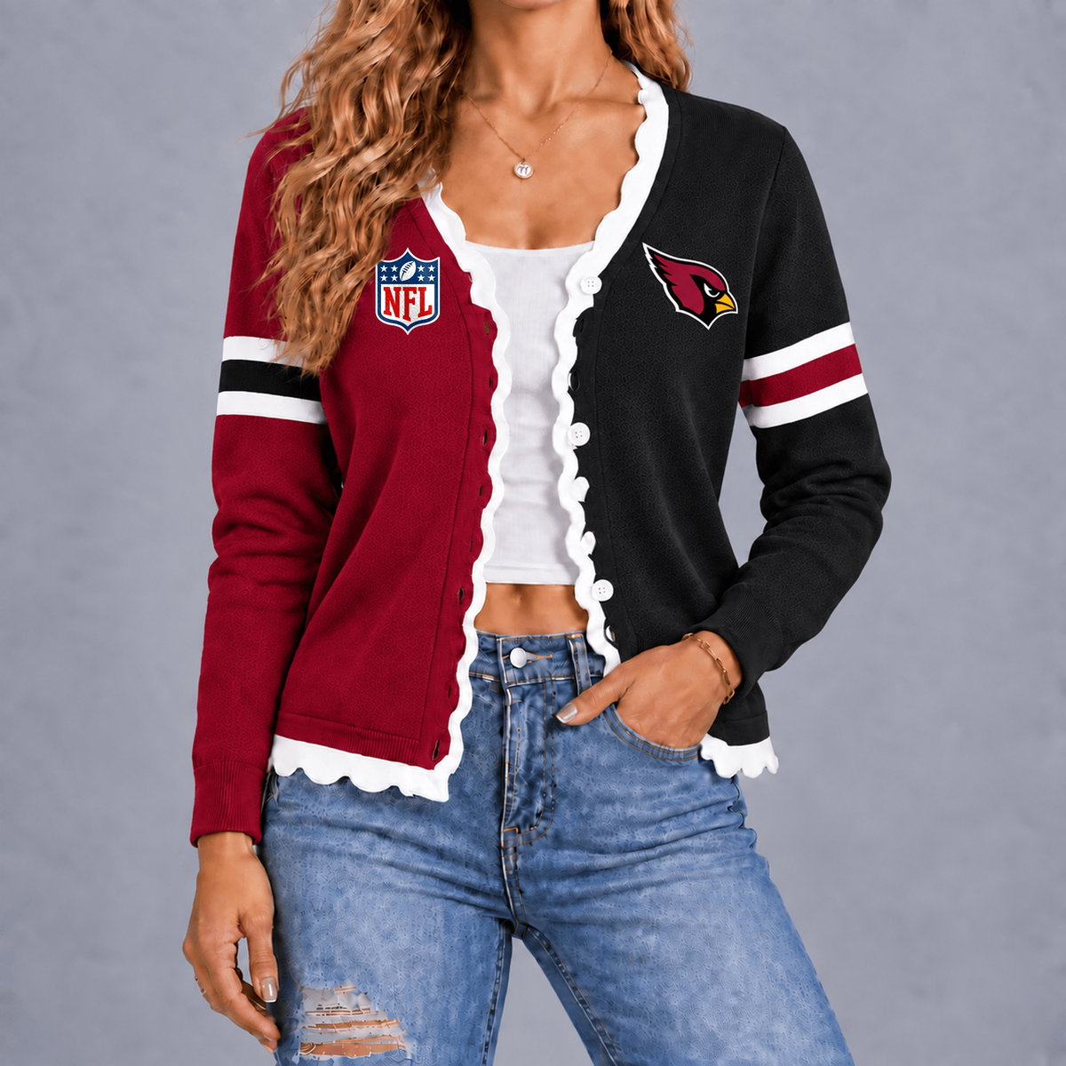 Premium NFL x ARI Varsity Stripe Button Cardigan