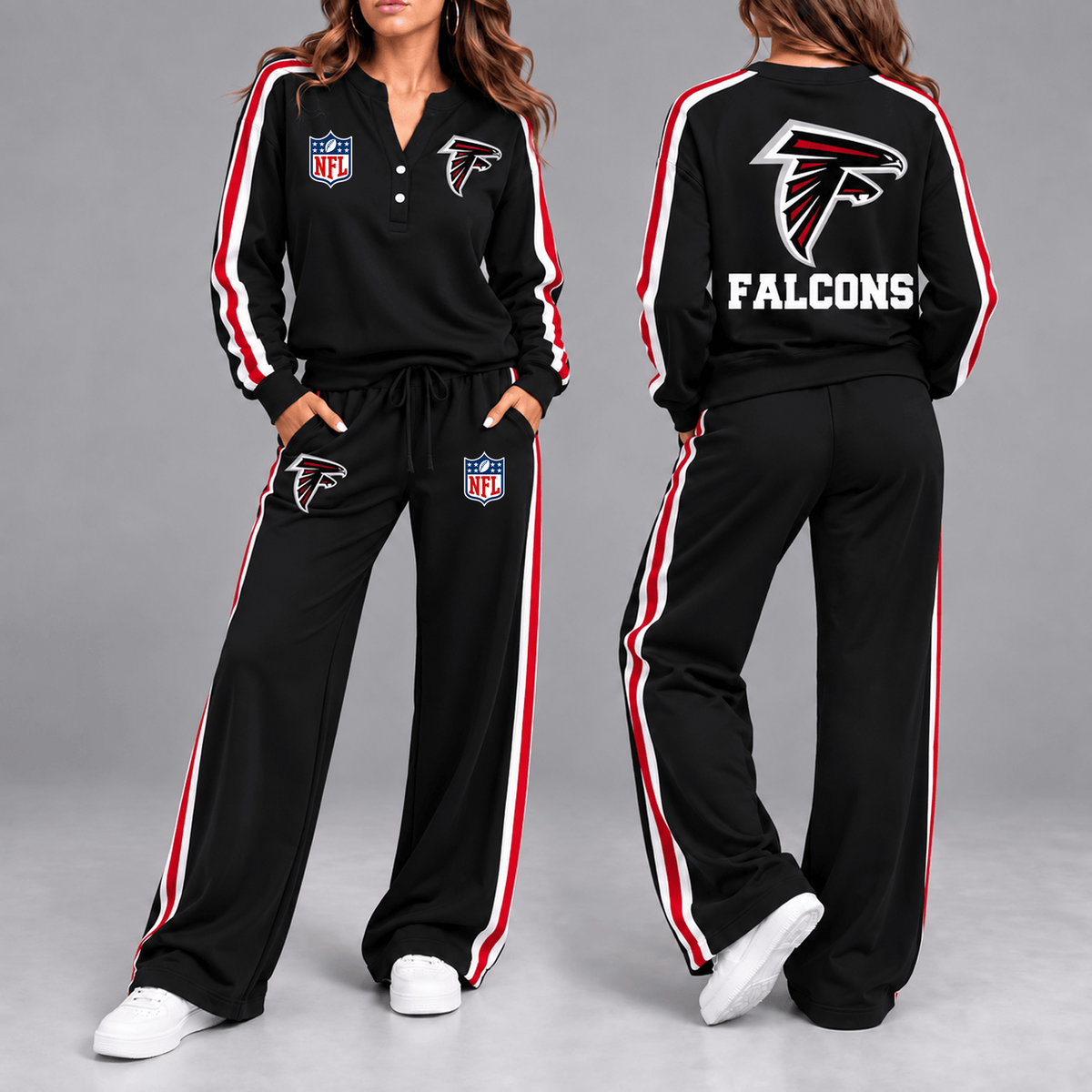 Premium NFL x ATL Game Day Sporty Stripe Long Sleeve Pullover Top & Wide-Leg Pants Set