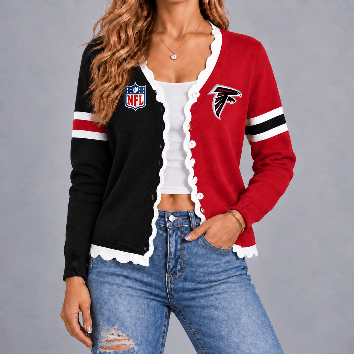 Premium NFL x ATL Varsity Stripe Button Cardigan