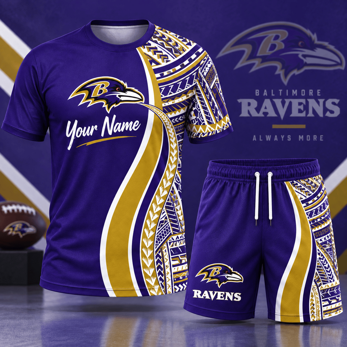 Premium NFL x BAL Custom Name Tribal Graphic T-Shirt and Shorts Set Football Fan Sports Outfit