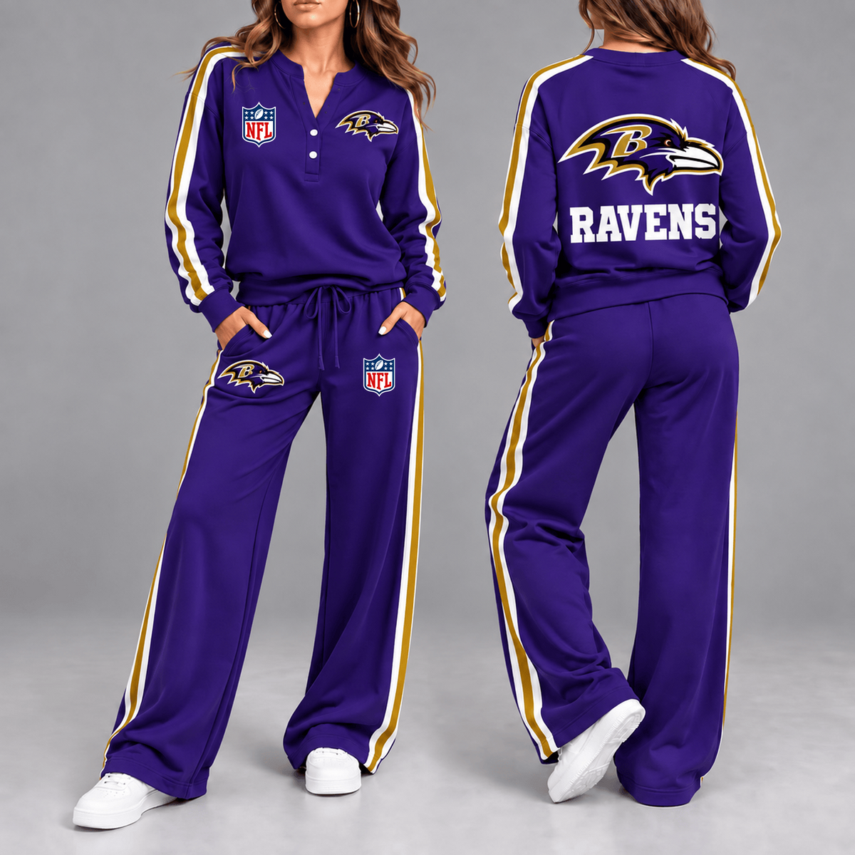 Premium NFL x BAL Game Day Sporty Stripe Long Sleeve Pullover Top & Wide-Leg Pants Set