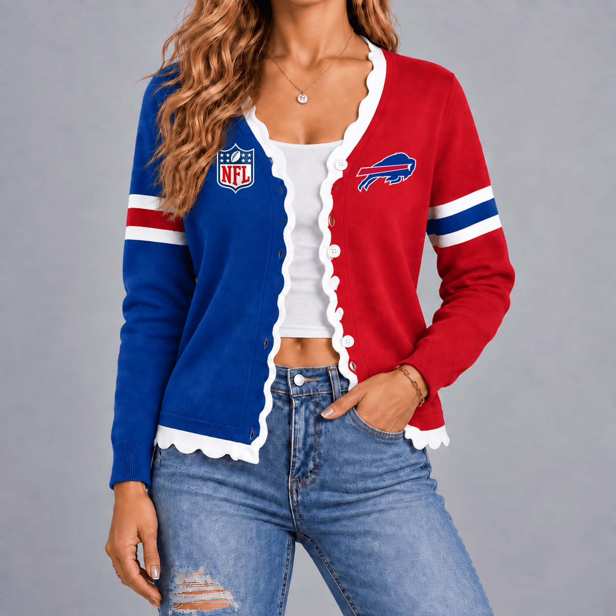 Premium NFL x BUF Varsity Stripe Button Cardigan
