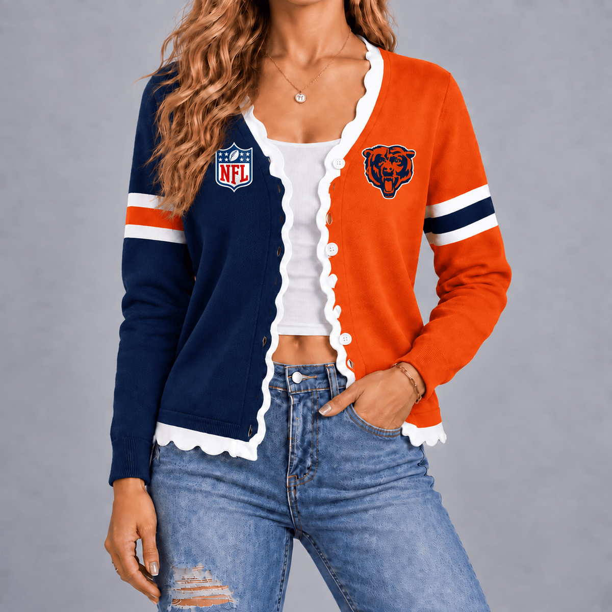 Premium NFL x CHI Varsity Stripe Button Cardigan