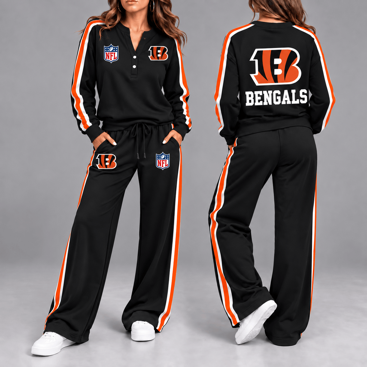Premium NFL x CIN Game Day Sporty Stripe Long Sleeve Pullover Top & Wide-Leg Pants Set