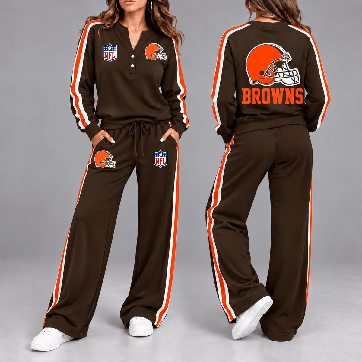 Premium NFL x CLE Game Day Sporty Stripe Long Sleeve Pullover Top & Wide-Leg Pants Set