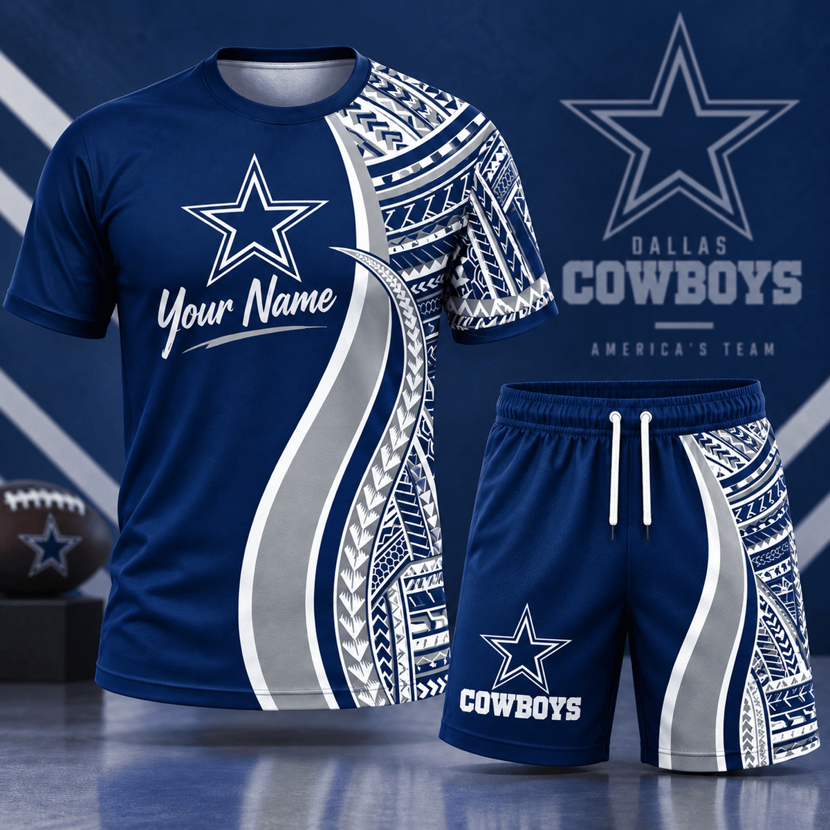 Premium NFL x DAL Custom Name Tribal Graphic T-Shirt and Shorts Set Football Fan Sports Outfit