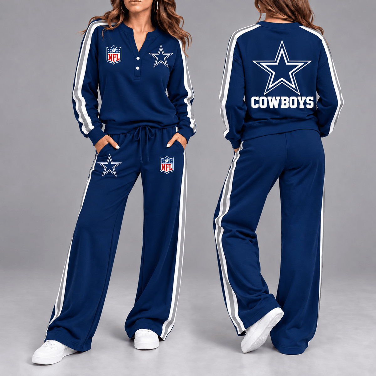 Premium NFL x DAL Game Day Sporty Stripe Long Sleeve Pullover Top & Wide-Leg Pants Set