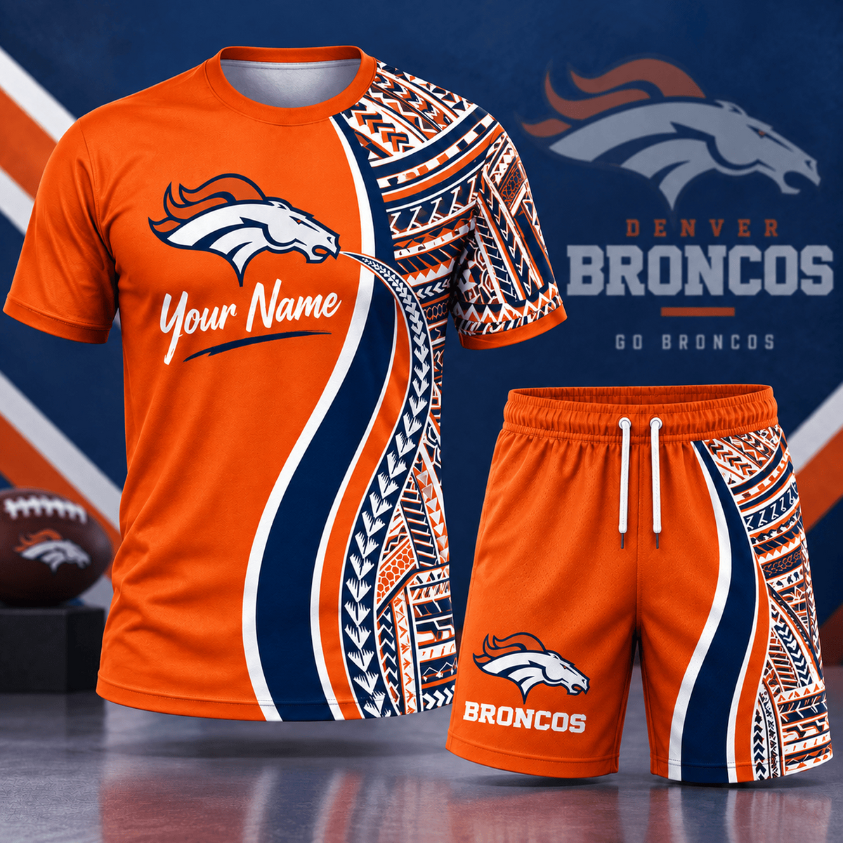 Premium NFL x DEN Custom Name Tribal Graphic T-Shirt and Shorts Set Football Fan Sports Outfit