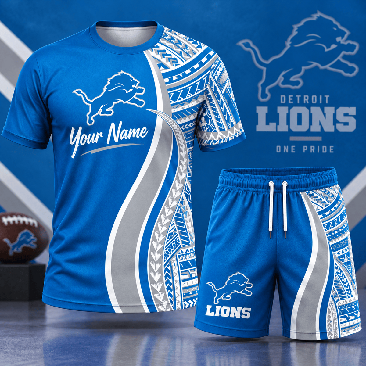 Premium NFL x DET Custom Name Tribal Graphic T-Shirt and Shorts Set Football Fan Sports Outfit