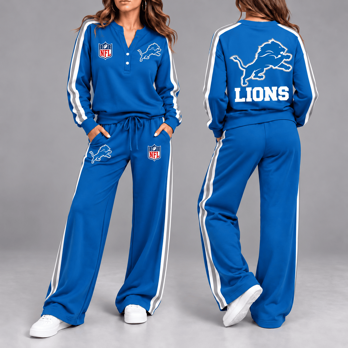 Premium NFL x DET Game Day Sporty Stripe Long Sleeve Pullover Top & Wide-Leg Pants Set