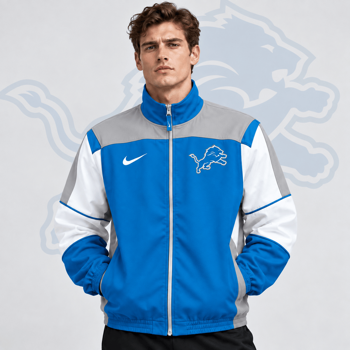 Premium NFL x DET Team Crest Retro Color Block Full Zip Windbreaker Jacket