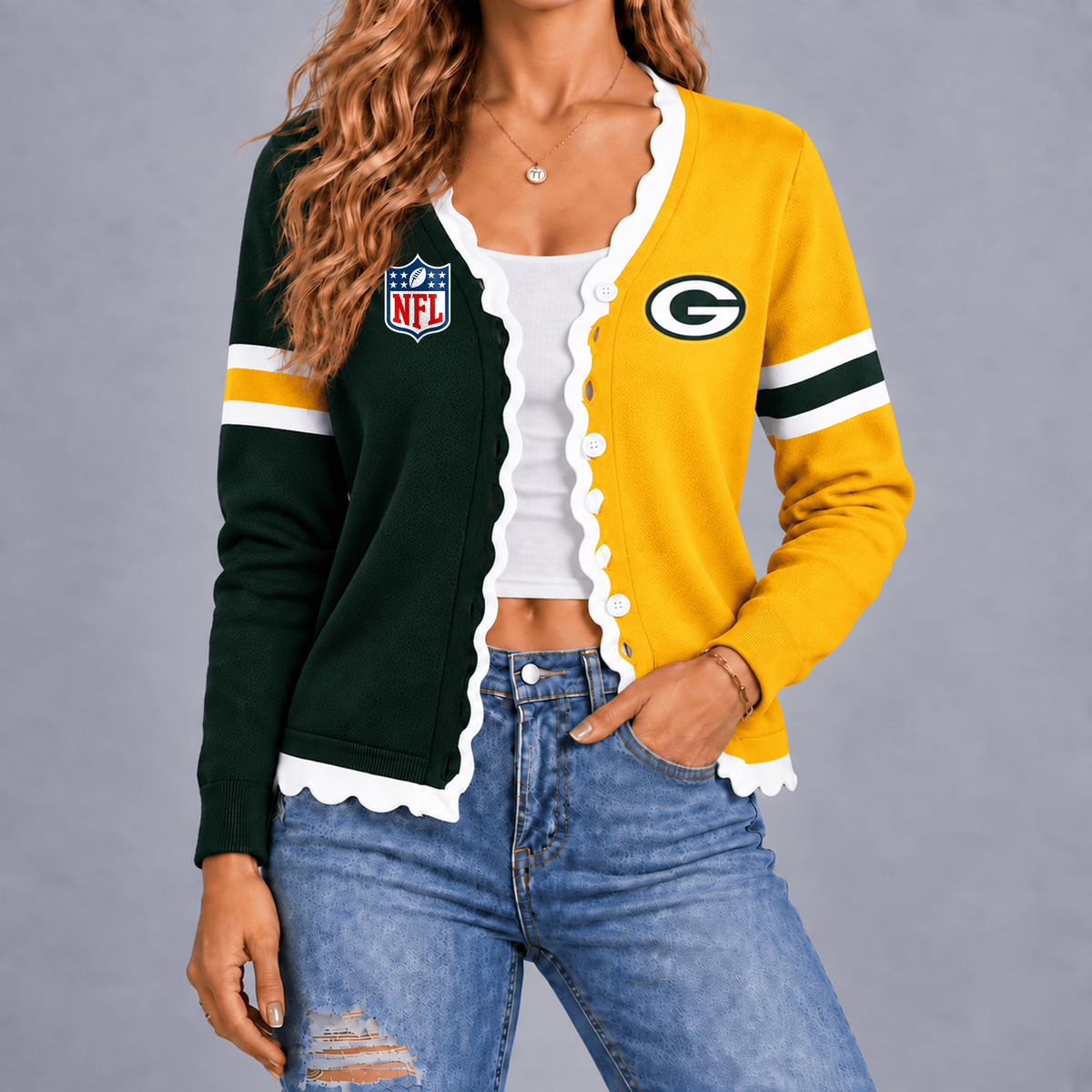 Premium NFL x GB Varsity Stripe Button Cardigan